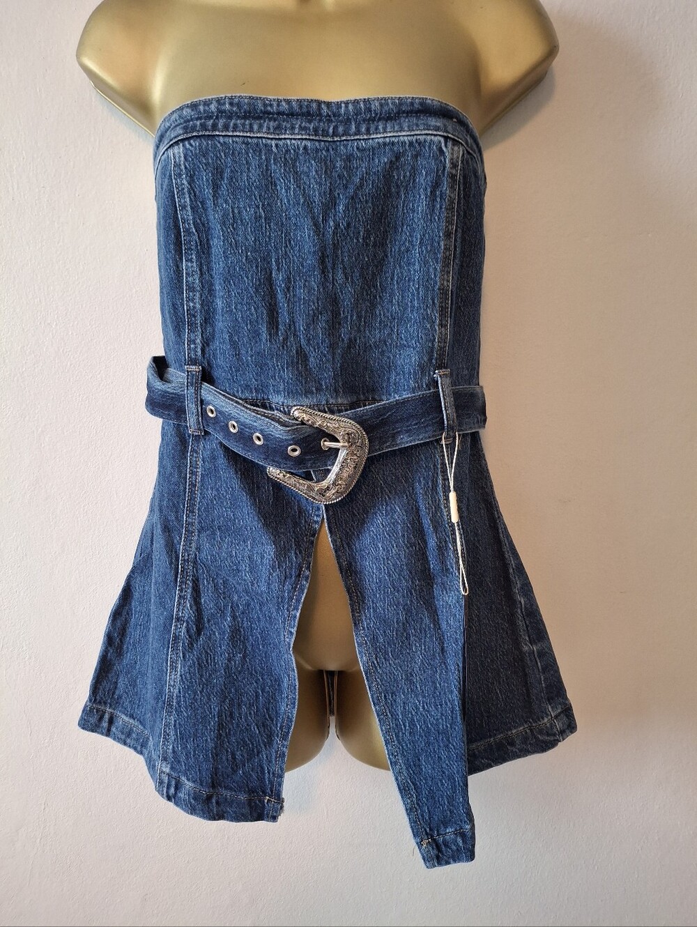 Strapless Dark Blue Denim Tube Top with Belt